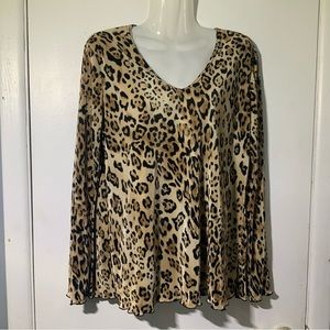 Plisse Cheetah V Neck Pleated Pullover Long Sleeve Sz L